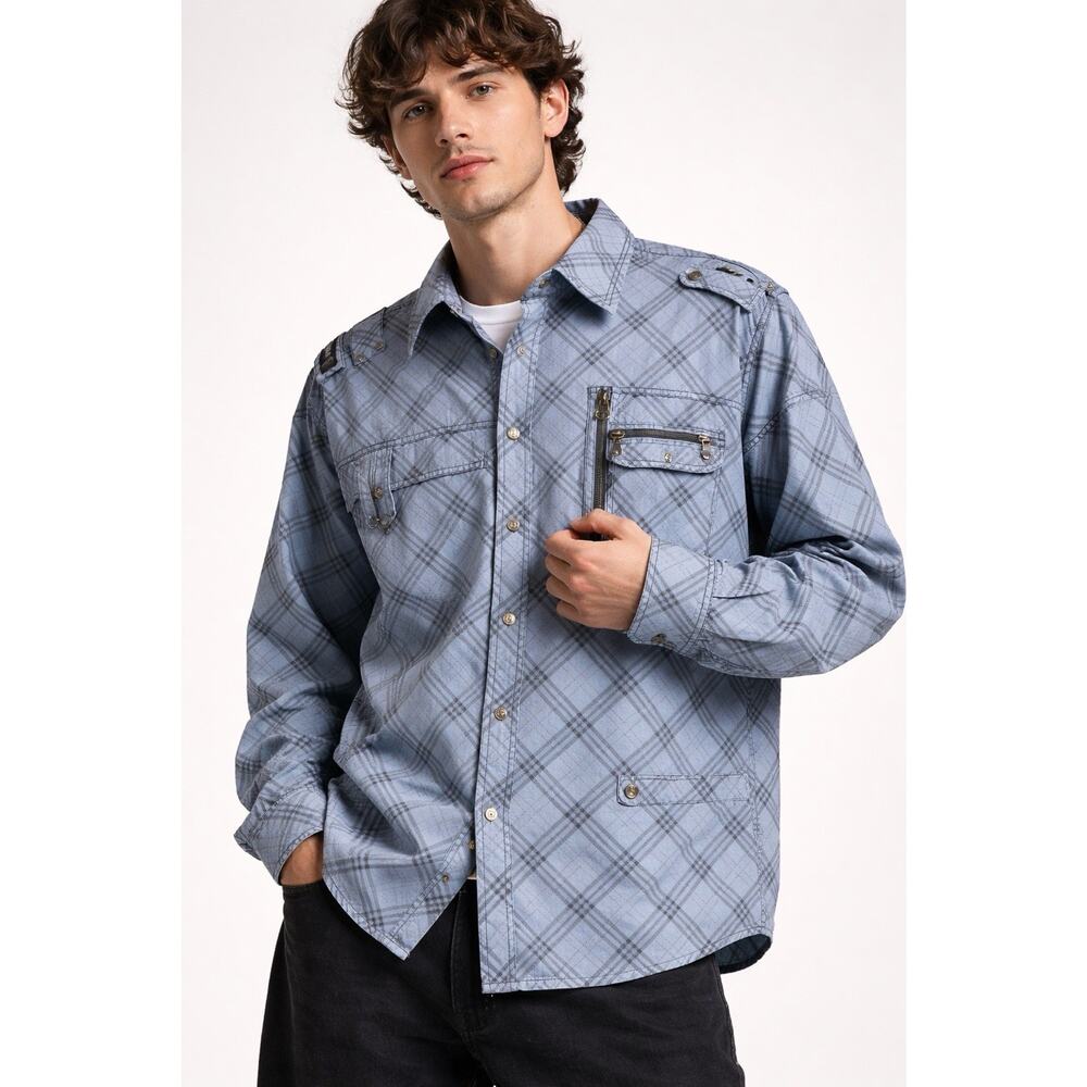 FUSAI Utility Shirt Mens XXL Blue Plaid Button Down Zip Pocket Military Style
